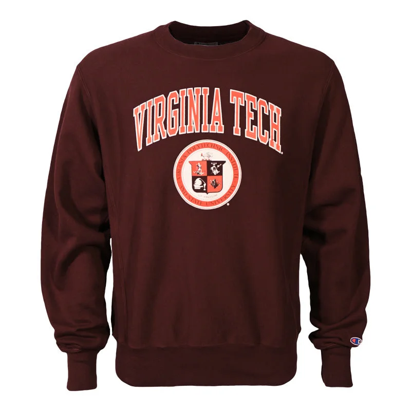 Virginia Tech Garment Dyed Reverse Weave University Seal Crew Sweatshirt: Maroon by Champion